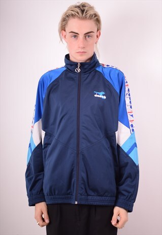 DIADORA MENS VINTAGE TRACKSUIT TOP JACKET LARGE BLUE 90S