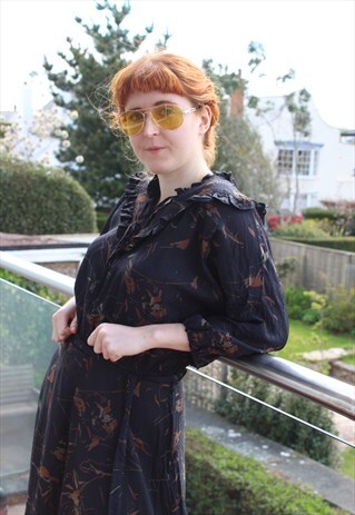 VINTAGE 70'S BLACK FLORAL MAXI DRESS WITH RUFFLE NECKLINE