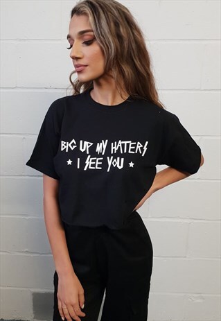 CROPPED BLACK T-SHIRT WITH HATERS PRINT