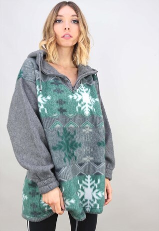 VINTAGE RETRO OVERSIZED PATTERNED FLEECE HOODIE