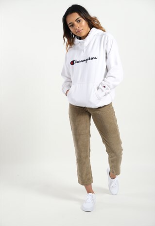 VINTAGE CHAMPION SPELL OUT HOODIE WHITE