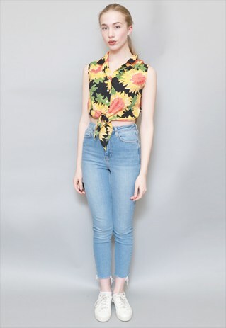 VINTAGE 1990'S BLACK SUNFLOWER TIE UP CROP SHIRT