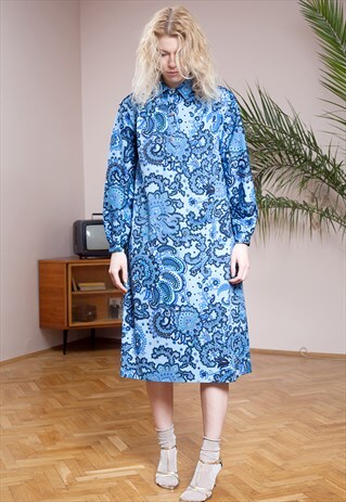 70'S VINTAGE, LONG SLEEVE, BLUE BOHO CALF LENGTH DRESS