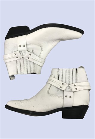 WHITE LEATHER LOOK POINTED WESTERN COWBOY CUBAN HEEL BOOTS