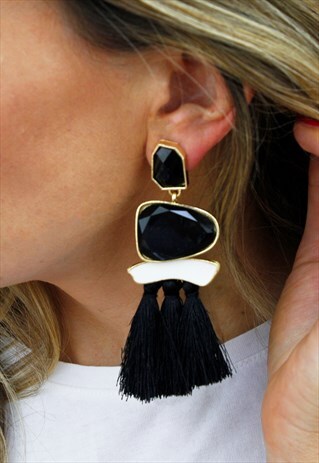 BLACK GEM TASSEL FRINGE CHANDELIER DROP DANGLE EARRINGS