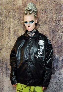Faux leather varsity jacket floral grunge bomber in black