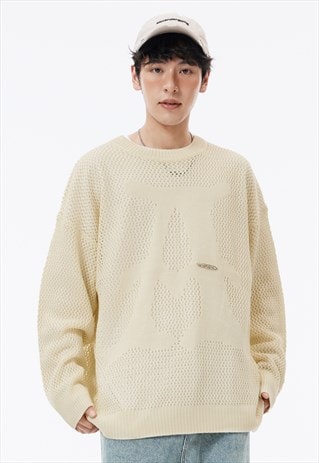 Mesh sweater A letter top distressed knitwear jumper cream