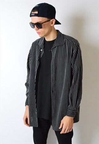 HUGO BOSS VINTAGE 90S BLACK STRIPED LONG SLEEVE LINEN SHIRT