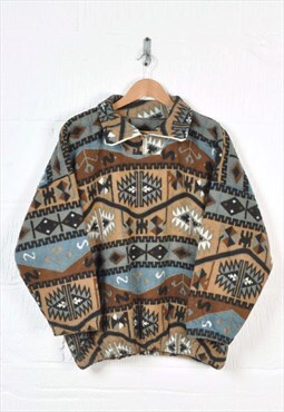Vintage Fleece 1/4 Zip Retro Pattern Brown Ladies XL