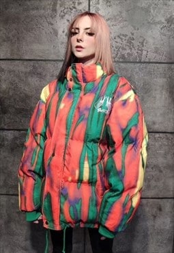 Tie-dye corduroy flame bomber space puffer jacket orange