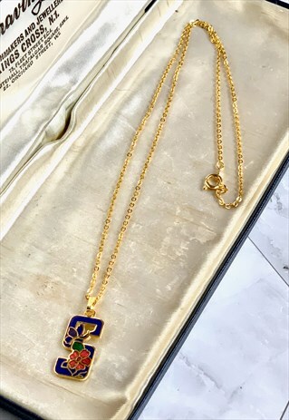 80S 'S' INITIAL PENDANT FLORAL NECKLACE VINTAGE JEWELLERY