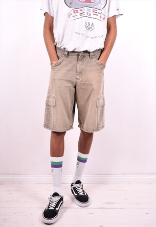 LEE MENS VINTAGE DENIM CARGO SHORTS W34 KHAKI 90'S