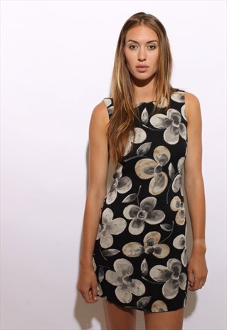 VINTAGE 1990'S 90'S BLACK FLORAL PRINT SLEEVELESS DRESS S-M