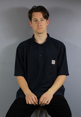 VINTAGE CARHARTT WORKWEAR POCKET POLO SHIRT IN NAVY BLUE WIT