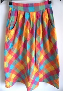 Vintage Check Summer Skirt, Midi, Colorful, High waist