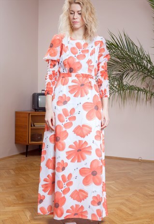 70'S VINTAGE, LONG SLEEVE, ROMANTIC BOHO MAXI FLOWERY DRESS