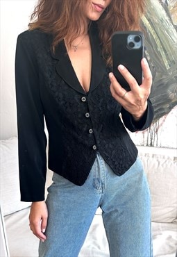 90s Black Embroidered Crop Elegant Jacket - S - L