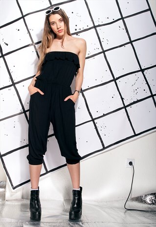 VINTAGE FRILL JUMPSUIT 90S BLACK COTTON SUMMER OVERALL