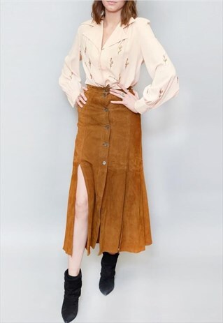 VINTAGE 1970'S SOFT BROWN SUEDE BUTTON FRONT MIDI SKIRT