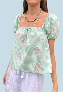 Pink and Green Gingham Milkmaid Blouse 