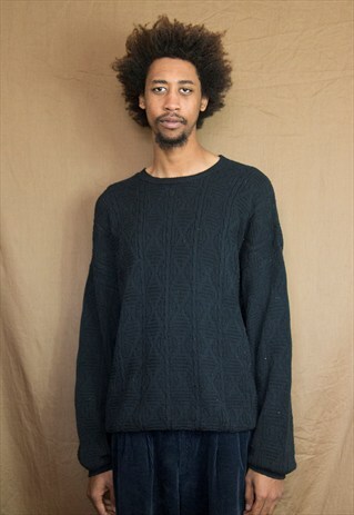 90S MINIMALIST LUXURY TEXTURED BLACK COTTON JUMPER XL