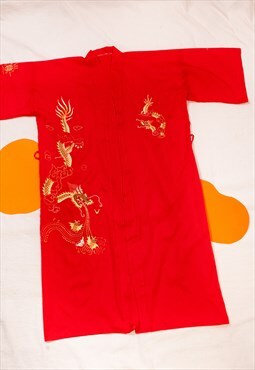 Vintage Kimono 90s Dragon Embroidered Robe in Red