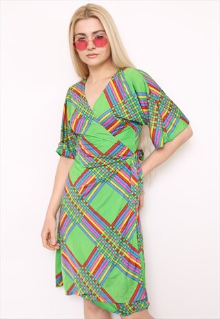 VINTAGE 70S GREEN GRAPHIC PRINT WRAP MINI DRESS