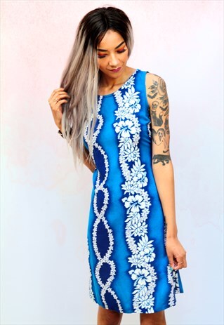1990S VINTAGE BLUE HAWAIIAN TROPICAL MINI BEACH DRESS