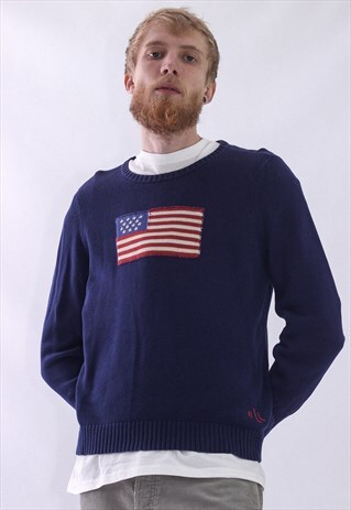VINTAGE MENS RALPH LAUREN LOGO USA KNIT JUMPER SWEATER