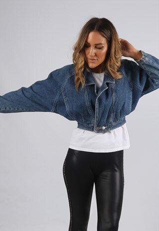 VINTAGE DENIM JACKET CROPPED FITTED UK 6 - 8 XS (X5Y)