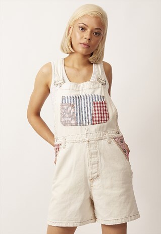 VINTAGE OFF WHITE PATCH WORK DENIM DUNGAREE SHORTS
