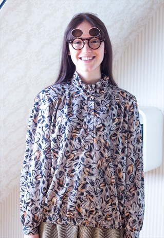 GREY LONG SLEEVE BLOUSE WITH LEAVES MOTIVE