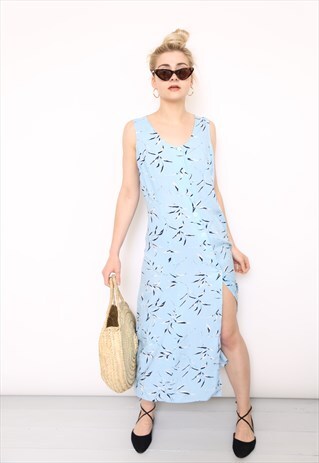 VINTAGE 90S BLUE PRINT BUTTON THROUGH MIDI DRESS
