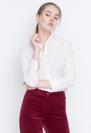 VINTAGE WHITE FLORAL SEE THROUGH LONG SLEEVE RETRO SHIRT