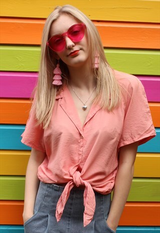 VINTAGE 80S PEACH PINK SHIRT SUMMER CROP TOP
