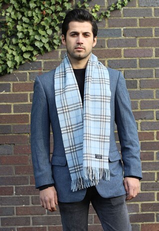 VINTAGE CASHMERE CHECKED SCARF BLUE-AS84