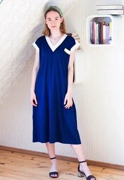 Dark blue sleeveless vintage dress with white trimmings