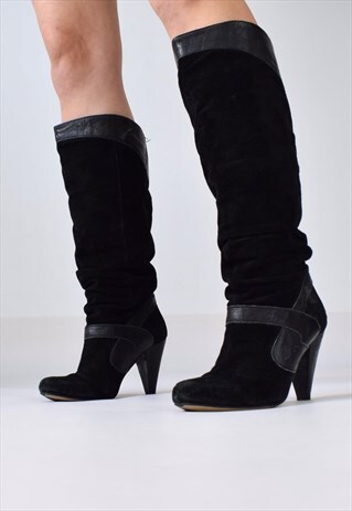 VINTAGE 80S KNEE HIGH LEATHER SUEDE HEELED BOOTS