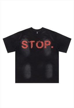 Stop slogan tshirt tiedye tee bleached grunge top acid black