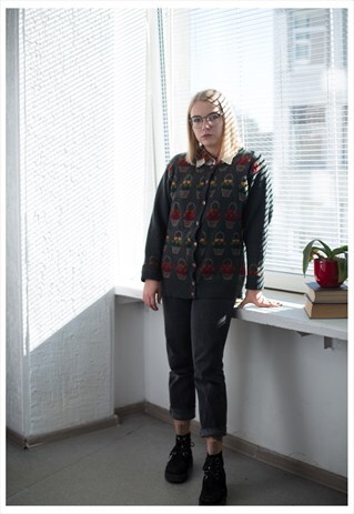 VINTAGE 70'S GREEN WOOL PATTERNED FRONT CARDIGAN