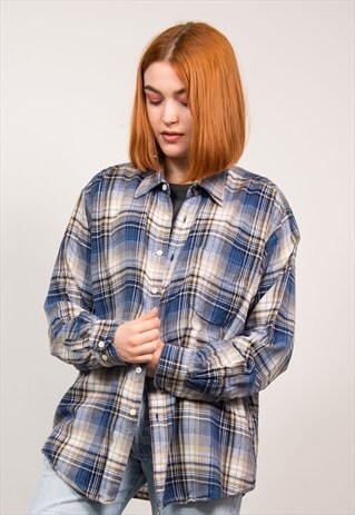90'S BLUE CHECK GRUNGE FLANNEL SHIRT