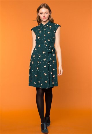 GREEN FLYING DUCKS PRINT DRESS