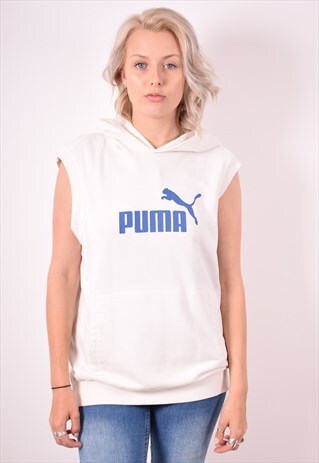 PUMA WOMENS VINTAGE SLEEVELESS HOODIE JUMPER XL WHITE 90S