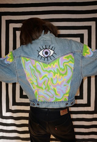 HAND PAINTED FESTIVAL PASTEL TRIPPY EYE VINTAGE DENIM JACKET