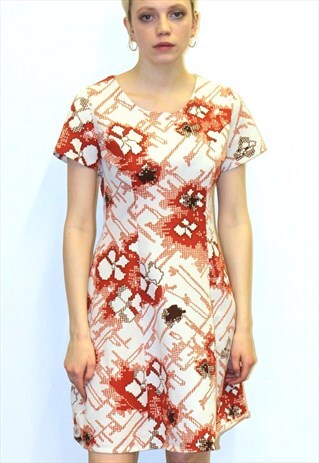 70S VINTAGE GEOMETRIC PRINT WHITE RED BROWN PANEL DRESS