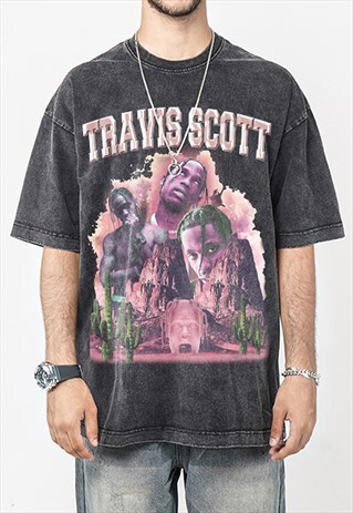 BLACK WASHED TRAVIS SCOTT GRAPHIC COTTON FANS T SHIRT TEE