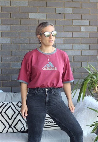 VINTAGE Y2K ADIDAS BURGUNDY SPELL OUT T SHIRT