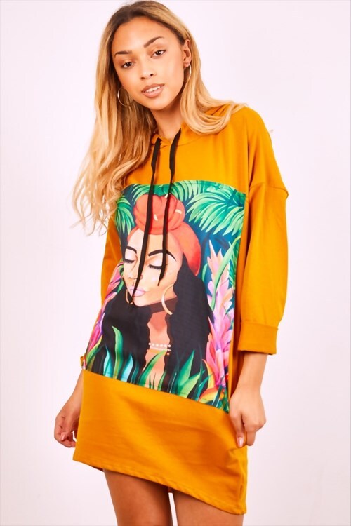 tan tropical girl printed jumper dress