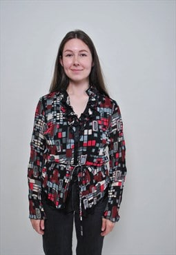 90's black ruffled blouse, vintage abstract ruffle shirt