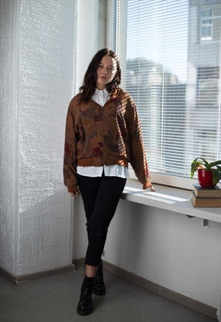 VINTAGE 80'S BROWN ABSTRACT PRINT BOMBER JACKET